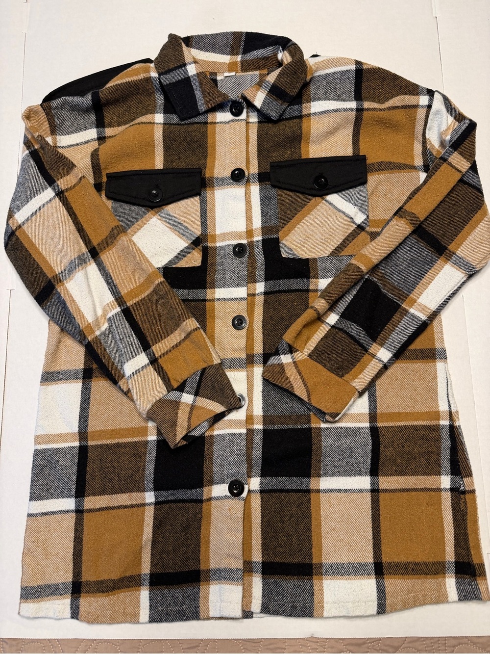 Women’s Plaid Flannel Button-Up Shirt Jacket L Long Sleeve Pockets